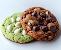Fresh baked matcha green tea cookie with white chocolate chips paired with classic chocolate chip cookie on white background, macro food photography.