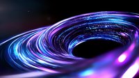 Glowing spiral of blue and purple light trails against dark background creates dynamic motion effect, suitable for technology and innovation concepts.