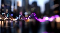 Financial data visualization with glowing purple and orange trading chart lines overlaying blurred city skyline at night for business analytics.