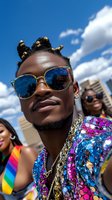 Young African American man with stylish sunglasses and colorful sequined shirt at outdoor festival celebration under bright blue sky with white clouds.