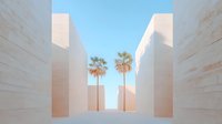Minimalist architectural corridor with beige stone walls leading to tropical palm trees against bright blue sky, creating modern geometric composition.