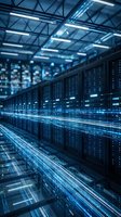 Modern data center with rows of server racks illuminated by blue LED lights and digital data streams, representing cloud computing, network infrastructure, and information technology operations.