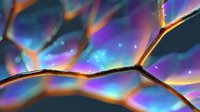 Vibrant iridescent crystal macro photography with rainbow colors and bokeh effects showing natural mineral structure patterns and light refraction in blue and purple tones.