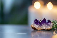 Raw amethyst crystal cluster with glowing candles in background creates serene spiritual atmosphere on reflective surface with soft bokeh lighting effects.