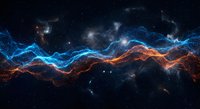Abstract cosmic energy waves flowing through deep space with vibrant blue and orange light streams against starry galaxy background for digital art projects.