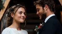 Happy bride and groom sharing intimate moment during wedding ceremony with elegant floral crown and boutonniere in rustic venue setting.