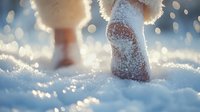 Cozy winter socks walking in fresh powder snow on sunny frosty morning with magical bokeh lights and sparkles in background, seasonal outdoor lifestyle.