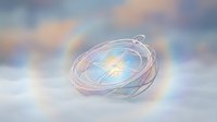 Glowing luminous orb with swirling light trails and ethereal energy waves on soft blurred background, suitable for sci-fi, technology, and spiritual design projects.