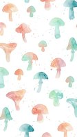 Watercolor mushrooms seamless pattern in pastel pink, green, and teal tones on white background, tiles into a single repeating surface design.
