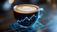 Glowing blue coffee cup with stock market chart pattern and latte art on dark background, financial trading concept visualization for business presentations.