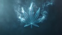 Glowing blue cannabis leaf silhouette with ethereal smoke effect on dark background creates mystical atmospheric mood for wellness and alternative medicine concepts.