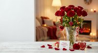 Red roses bouquet in crystal vase with greeting card on white table, cozy living room background with fireplace, romantic home decor for Valentine's Day.