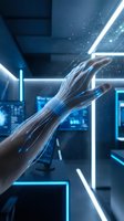 Hand with digital data streams flowing through fingers in futuristic neon environment. Concept for technology, artificial intelligence, digital transformation, and innovation in modern workspace.