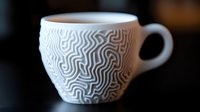 White ceramic coffee cup with modern wavy line pattern design against dark background. Minimalist tableware for contemporary home and cafe decor.