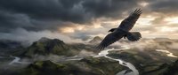 Majestic eagle soaring over dramatic mountain landscape with stormy clouds and golden sunlight breaking through misty peaks and winding river valley below.