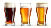 Three tall beer glasses with different types of beer from dark to light, showing rich colors and foam heads on white background, isolated for beverage advertising.