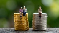 Miniature elderly people sitting on stacks of coins representing retirement planning, pension savings, and financial security for senior citizens.