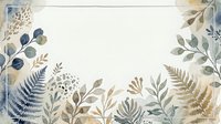 Watercolor botanical frame with ferns, leaves, and branches in muted blue, green, and gold tones on cream background. Isolated design element for invitations, cards, and stationery projects.