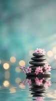Zen spa stones balanced with pink cherry blossoms reflecting in calm water with soft bokeh lights creating peaceful meditation atmosphere.