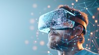 Young bearded man wearing virtual reality headset with digital network visualization and glowing particles effect against blue background.