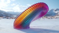 Rainbow colored slinky toy stretching across snowy winter landscape with mountains in background creates surreal artistic composition in nature.