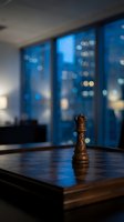 Golden chess queen piece positioned on wooden board in modern office with floor-to-ceiling windows overlooking city skyline at dusk, bokeh lights creating atmospheric ambiance for business strategy and leadership concepts.