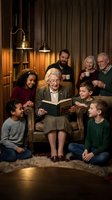Multigenerational family gathering around elderly grandmother reading book aloud in cozy living room with warm lighting and comfortable furniture.