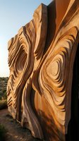 Abstract wooden sculpture with flowing organic curves and spiral patterns carved into natural timber creating dramatic shadows in warm sunlight.