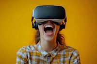 Young woman wearing virtual reality headset laughing with open mouth expression against vibrant yellow background, showing excitement and joy in VR experience.