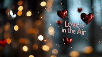 Romantic bokeh background with glowing hearts and love message text overlay. Blurred golden lights create dreamy atmosphere for Valentine's Day designs and romantic cards.