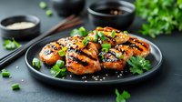 Glazed teriyaki chicken thighs garnished with green onions and sesame seeds on black plate, Asian cuisine dinner with soy sauce.