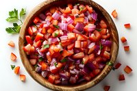 Fresh chopped tomatoes, red onions and parsley in wooden bowl on white background, colorful vegetable mix for salsa, salad or cooking preparation.