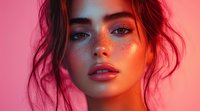 Young woman with freckles and bright makeup in pink neon lighting, messy updo hairstyle and glossy coral lips looking sensually at camera, beauty portrait.