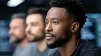 Young African American businessman in modern office environment focused on work with diverse team colleagues in background.