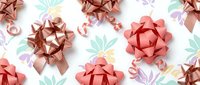 Festive gift bows and ribbons in rose gold and coral colors with pastel tropical leaves on white background for holiday wrapping and celebration designs.