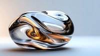 Organic abstract shape with flowing chrome and gold metallic surfaces creating dynamic curves and reflections against light gray background. Futuristic art piece.