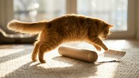 Ginger tabby cat playing with cardboard tube toy on carpet in sunlit room with window background.