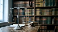 Scales of justice and gavel on wooden desk in law library with books. Legal concept for attorney office, courthouse, judicial system and legal services.