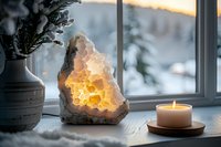 Glowing amethyst crystal lamp with warm light on wooden table near window with candle and plant vase creating peaceful meditation atmosphere for wellness.