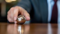 Professional businessman in suit rolling metallic sphere on polished wooden desk surface demonstrating precision and control in corporate office environment.