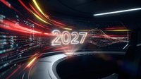 2027 neon glowing text with red and gold light trails flowing through digital tunnel, futuristic technology background for new year countdown and future vision concepts.