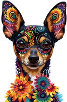 Colorful decorative chihuahua dog portrait with folk art style ornaments and floral patterns perfect for wall art, prints, and creative design projects on white background.