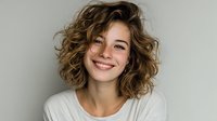 Young Caucasian woman with curly blonde hair smiling warmly at camera wearing white casual top against neutral background for lifestyle content.