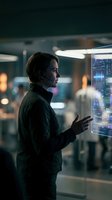 Woman with dark hair, appearing to be in her 30s-40s of mixed ethnicity, wearing dark clothing, interacting with holographic data display in modern tech environment for business, analytics, and futuristic concepts.