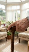 Senior man's hand resting on wooden walking cane in bright sunlit conservatory with comfortable seating and potted plants, depicting aging, mobility support, and retirement lifestyle.