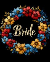 Floral wreath with gold "Bride" text centered on black background, featuring red, blue and yellow blooms with golden leaves. Wedding design element.