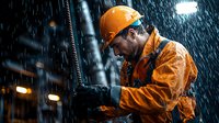 Middle-aged Caucasian male oil rig worker in orange protective gear and hard hat working during heavy rain at night, dramatic industrial setting with drilling equipment.