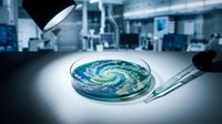 Modern laboratory petri dish with swirling blue liquid culture in sterile medical research environment for scientific experimentation and analysis.