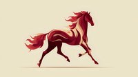 Stylized red horse silhouette in dynamic running pose with flowing mane and tail on beige background for logo design and branding projects.