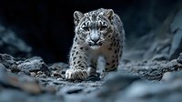 Snow leopard walking on rocky terrain against dark background, intense blue eyes and spotted fur pattern create dramatic wildlife scene in natural habitat.